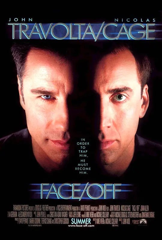 名称：变脸 FaceOff (1997)描述：凯斯特(尼古拉斯•凯奇 Nicolas Cage 饰)是一个恐怖分子，他本想杀死探员西恩(约翰•特拉沃塔 John Travolta 饰)，却误杀了西恩的儿子，西恩更与凯斯特结下不共戴天之仇